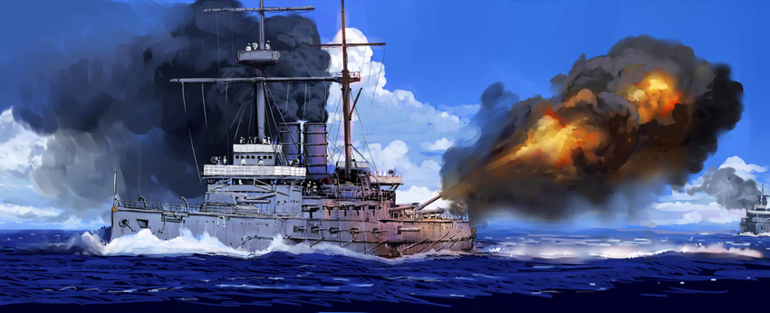 bad_pixiv_id battle battleship cannon cloud day fire firing gun imperial_japanese_navy mikasa_(battleship) military military_vehicle no_humans nogami_takeshi ocean ship sky smoke soukai_no_seiki warship water watercraft weapon