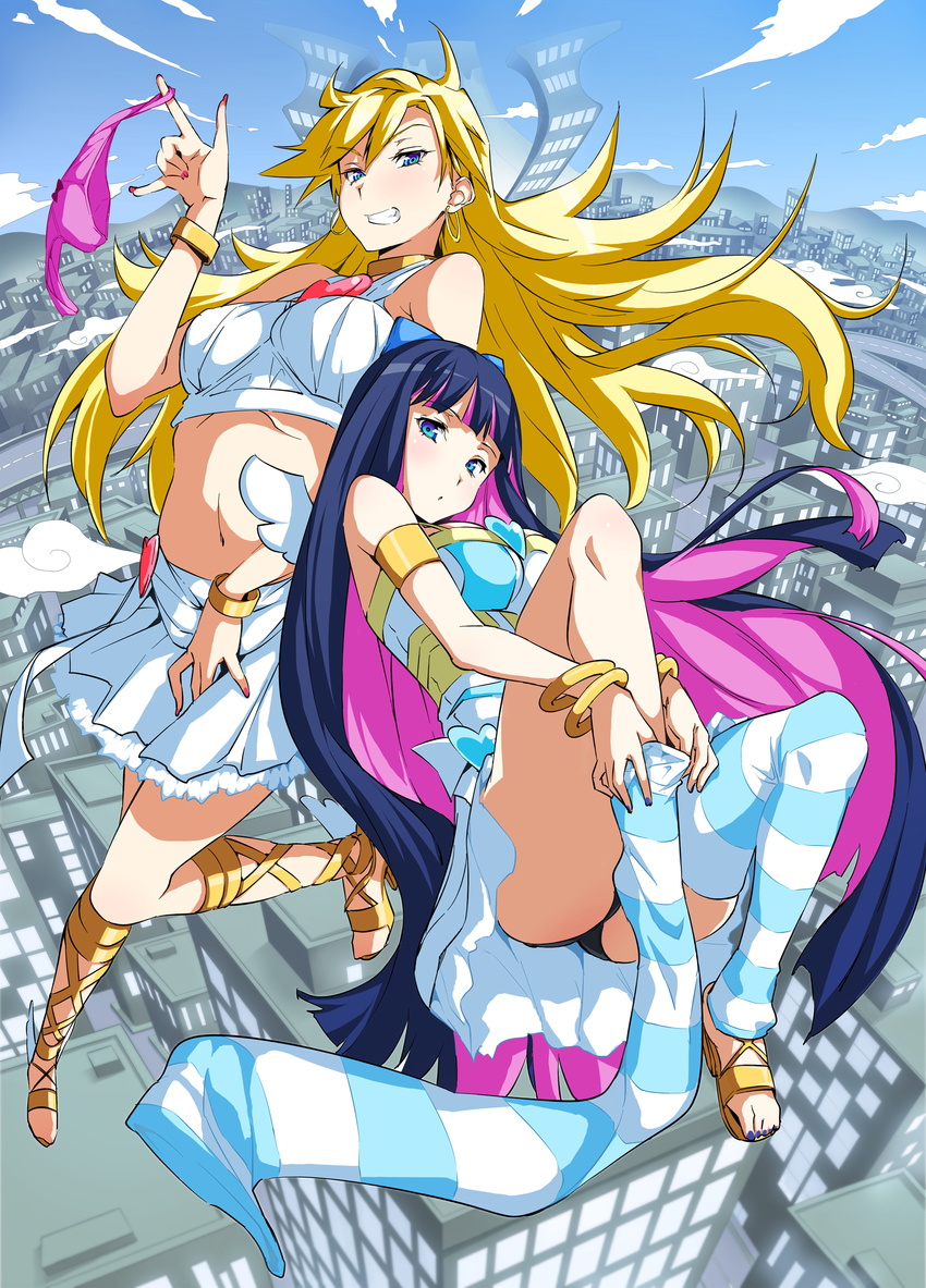 absurdres blonde_hair blue_eyes blue_nails breasts day highres large_breasts long_hair multicolored_hair multiple_girls nail_polish outdoors panties panty_&amp;_stocking_with_garterbelt panty_(psg) pink_nails pink_panties stocking_(psg) striped striped_legwear thighhighs toenail_polish tosh_(imonade_ryouchou) two-tone_hair underwear