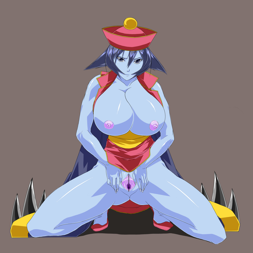 1girl absurdres artist_request blue_eyes blue_hair blue_skin breasts breasts_out breasts_outside capcom censored hat highres hsien-ko huge_breasts ksaiki lei_lei monster_girl nipples pointless_censoring pussy simple_background solo spread_legs spread_pussy squat squatting vampire_(game)