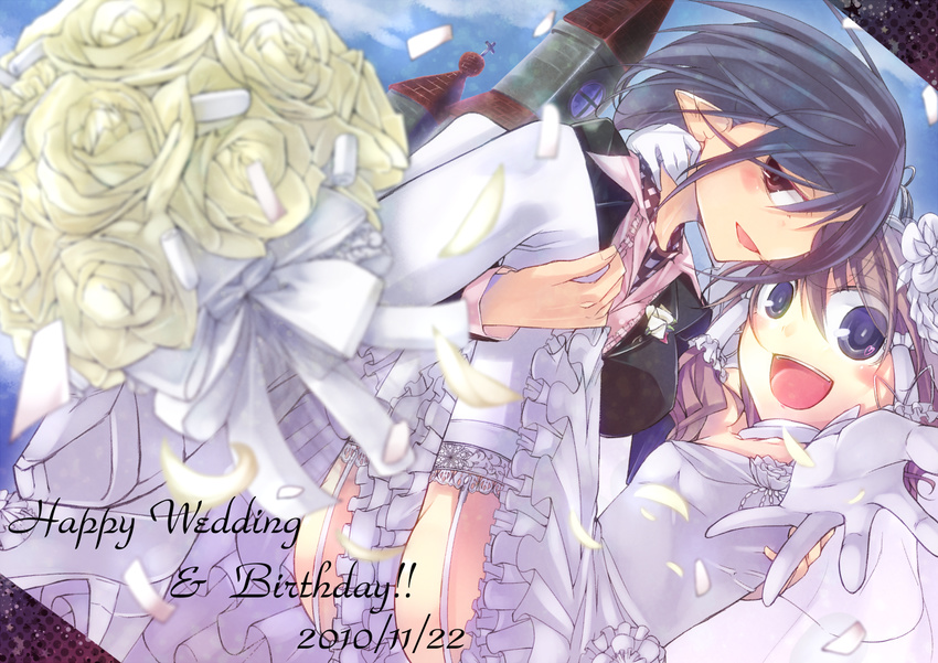 bouquet dress elbow_gloves flower formal gloves hakurei_reimu mito_(calcomer) multiple_girls pant_suit pointy_ears shameimaru_aya suit thighhighs touhou wedding wedding_dress wife_and_wife yuri