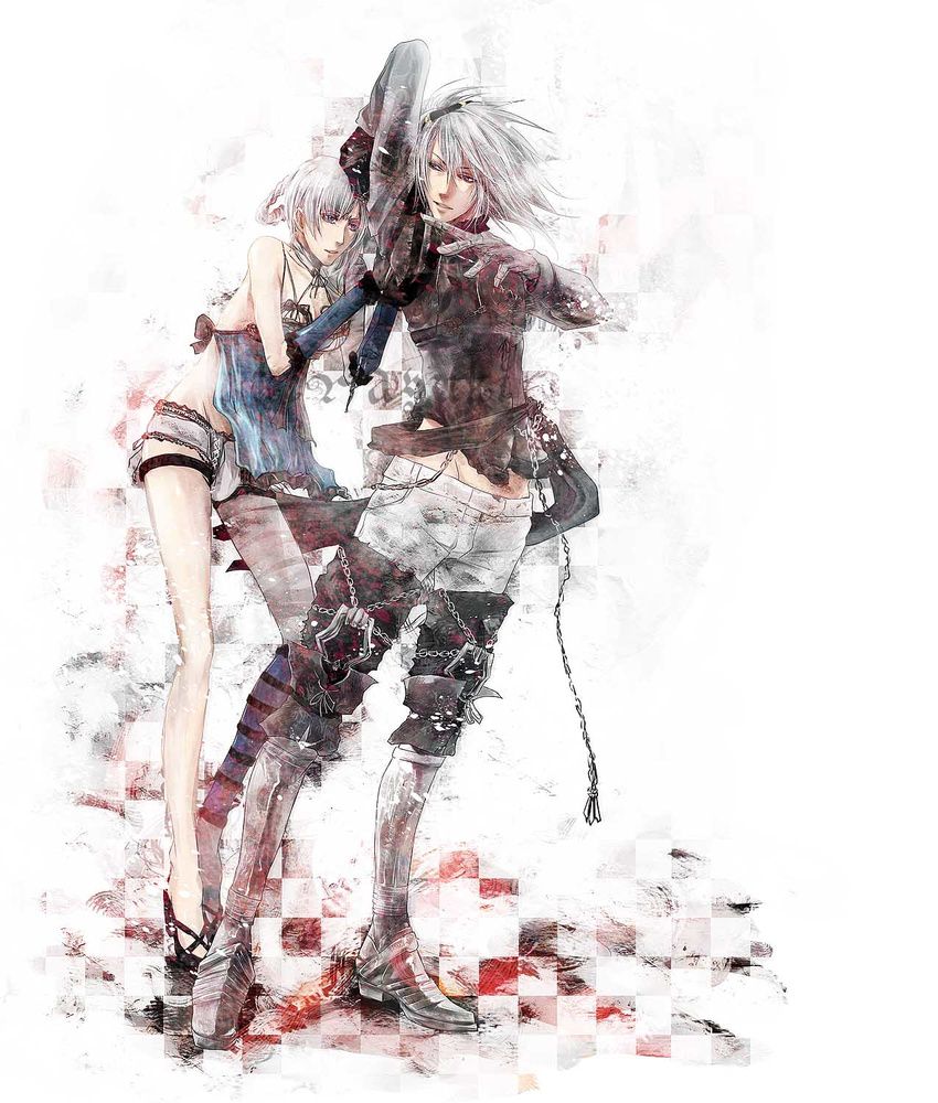 1girl asymmetrical_hair bandages boots braid breasts bulge chain couple elbow_gloves futanari gloves hetero high_heels highres kaine_(nier) kira_yuki lingerie medium_breasts negligee nier nier_(series) nier_(young) panties shoes short_hair silver_hair underwear white_hair white_panties