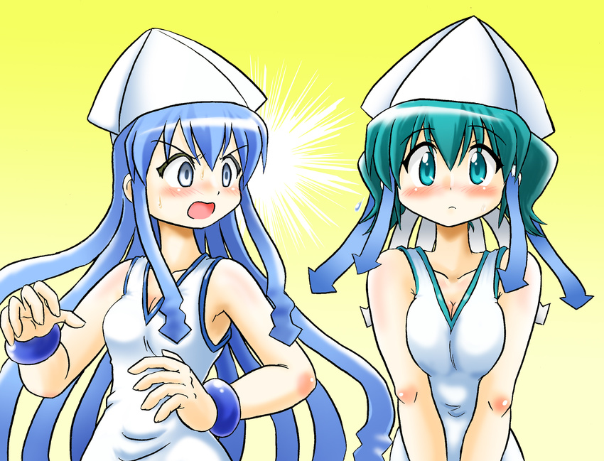 blue_eyes blue_hair breasts cleavage cosplay crossover dress green_eyes green_hair hat hidamari_sketch highres hoshikawa_tsukimi ikamusume ikamusume_(cosplay) long_hair medium_breasts multiple_girls nori shinryaku!_ikamusume small_breasts surprised tentacle_hair twintails