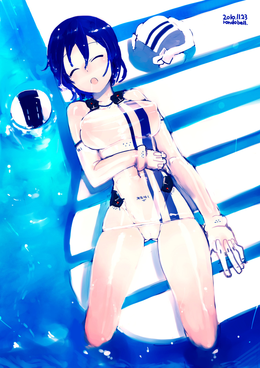 blue_hair breasts closed_eyes elbow_gloves gloves helmet highres large_breasts lying one-piece_swimsuit open_mouth original rondo_bell see-through short_hair sleeping solo swimsuit water