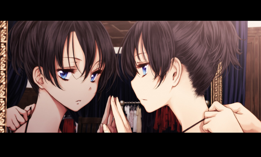 black_hair blue_eyes clothes clothes_hanger curtains dressing_another hand_on_mirror highres jitome letterboxed mirror nape original parted_lips profile reflection short_ponytail solo_focus tokunou_shoutarou tying