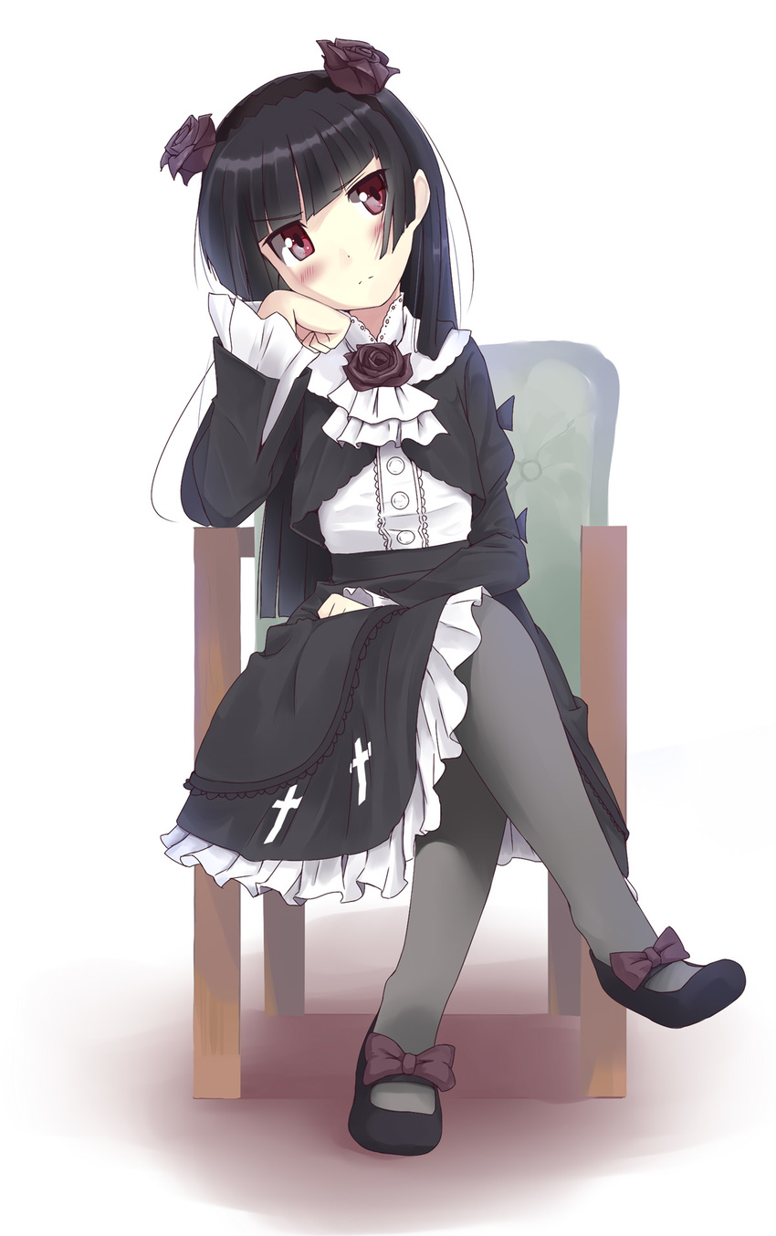 bad_id bad_pixiv_id black_hair chair crossed_legs gokou_ruri gothic_lolita highres lolita_fashion long_hair masamuuu ore_no_imouto_ga_konna_ni_kawaii_wake_ga_nai pantyhose red_eyes sitting solo