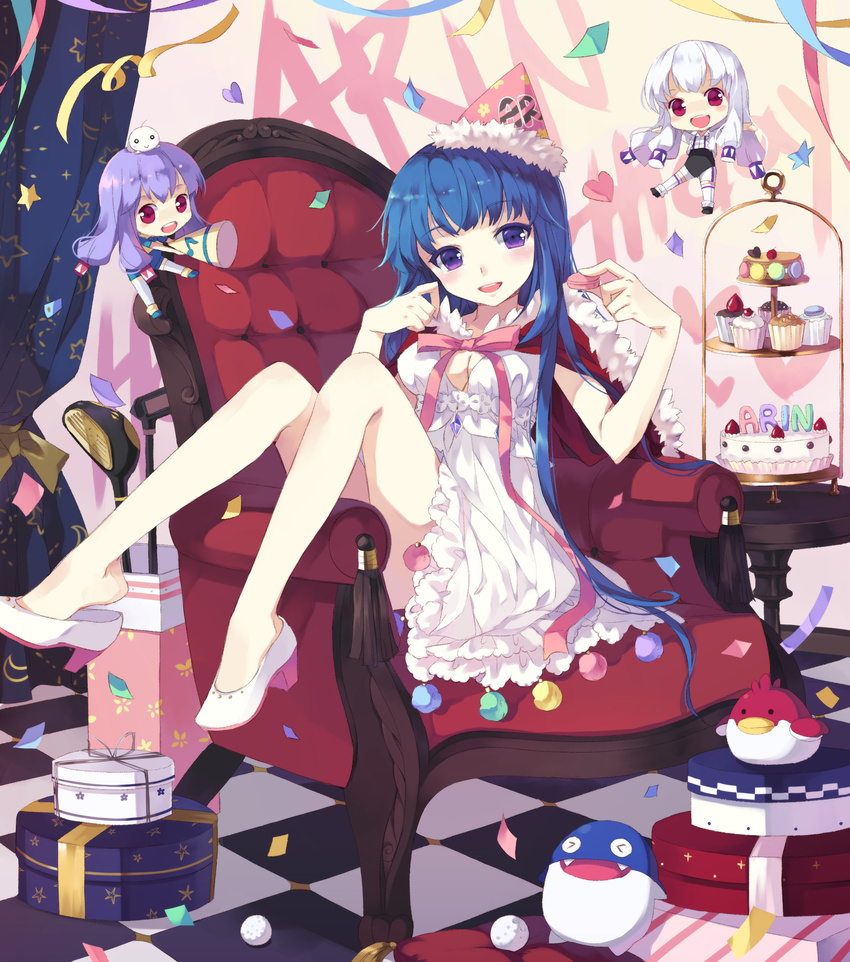 absurdres arin armchair birthday blue_eyes blue_hair blush breasts cake chair checkered checkered_floor cleavage confetti cupcake dress feet food gift high_heels highres long_hair medium_breasts minigirl no_socks nyanya official_art pangya shoe_dangle sitting_sideways solo