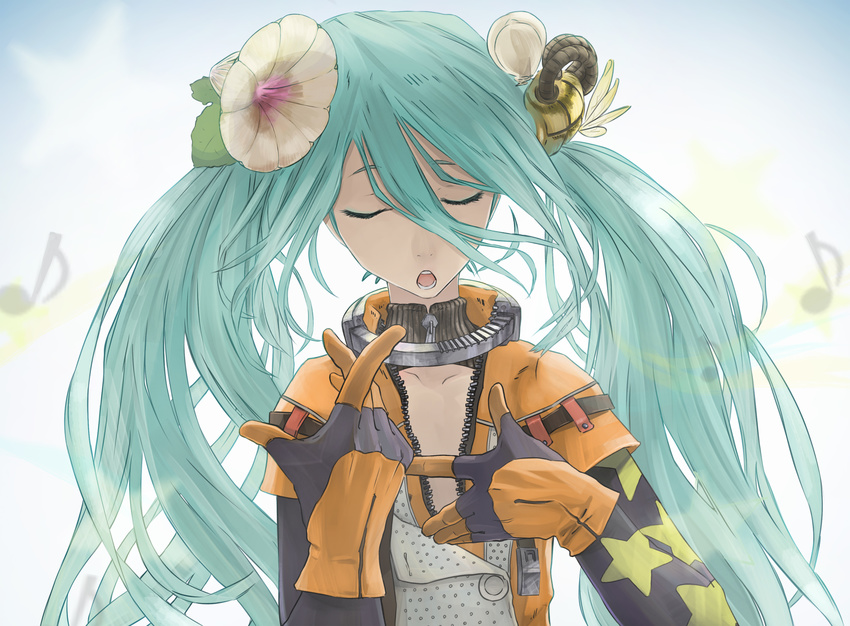 aqua_hair closed_eyes code-aa flower gloves hair_flower hair_ornament hatsune_miku highres long_hair musical_note open_mouth solo twintails vocaloid zipper