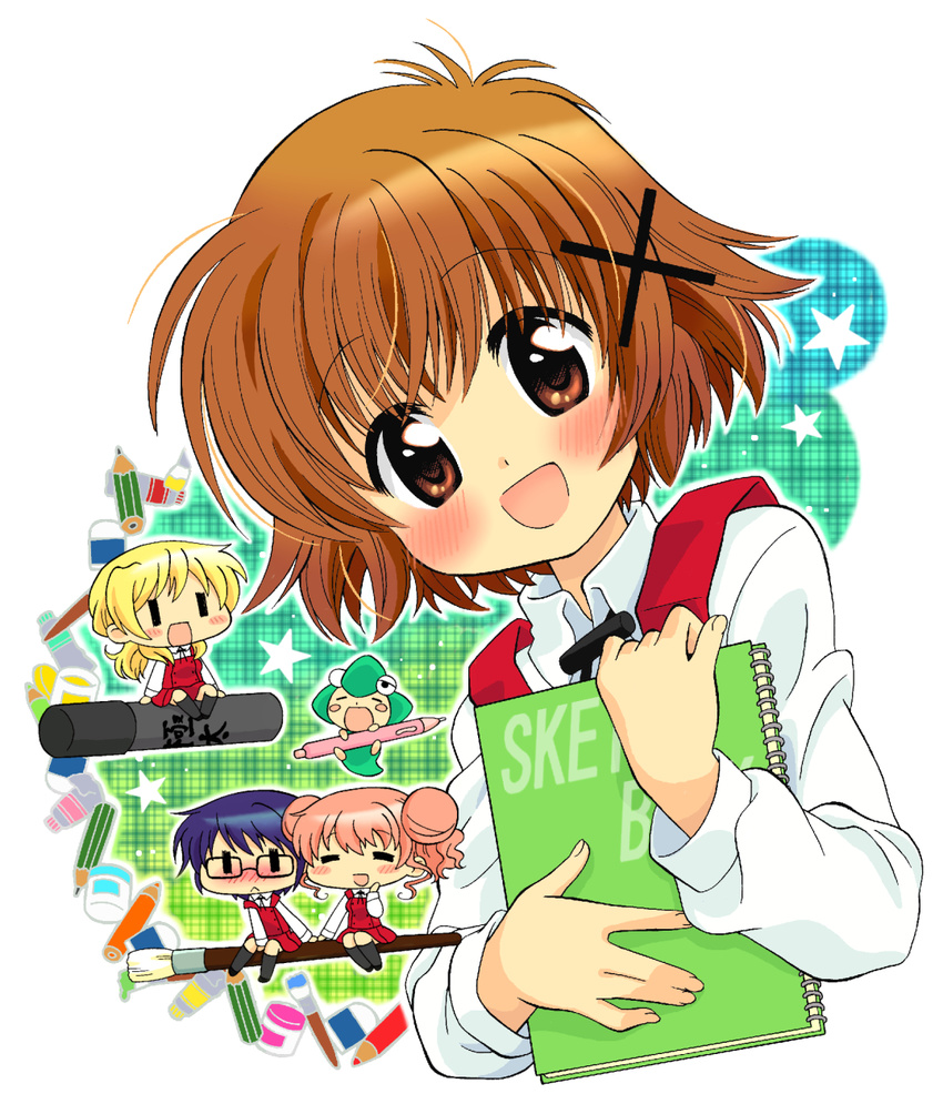 art_brush brown_eyes brown_hair chibi hidamari_sketch highres hiro kyapu-10 marker mechanical_pencil miyako multiple_girls paintbrush pencil sae school_uniform short_hair sketchbook ume-sensei yuno