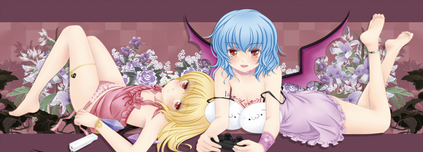 anklet bad_id bad_pixiv_id bare_shoulders barefoot bat_wings blonde_hair blue_hair camisole colored_eyelashes controller feet flandre_scarlet floral_background flower game_console game_controller gamepad highres jewelry legs lingerie lying multiple_girls nekokotei no_hat no_headwear no_pants on_back on_stomach panties playstation_3 red_eyes remilia_scarlet short_hair siblings side-tie_panties side_ponytail sisters slit_pupils strap_slip thigh_strap touhou underwear underwear_only untied wii wings