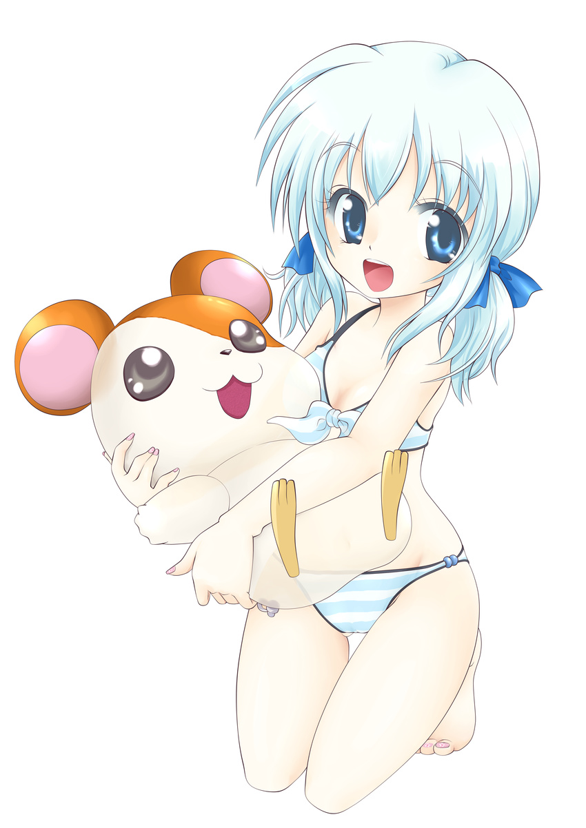 absurdres bikini blue_eyes blue_hair hamster hamtaro hamtaro_(hamtaro) highres inflatable_toy kotomi_(happy_colors) personification ribbon_(hamutarou) short_hair swimsuit twintails