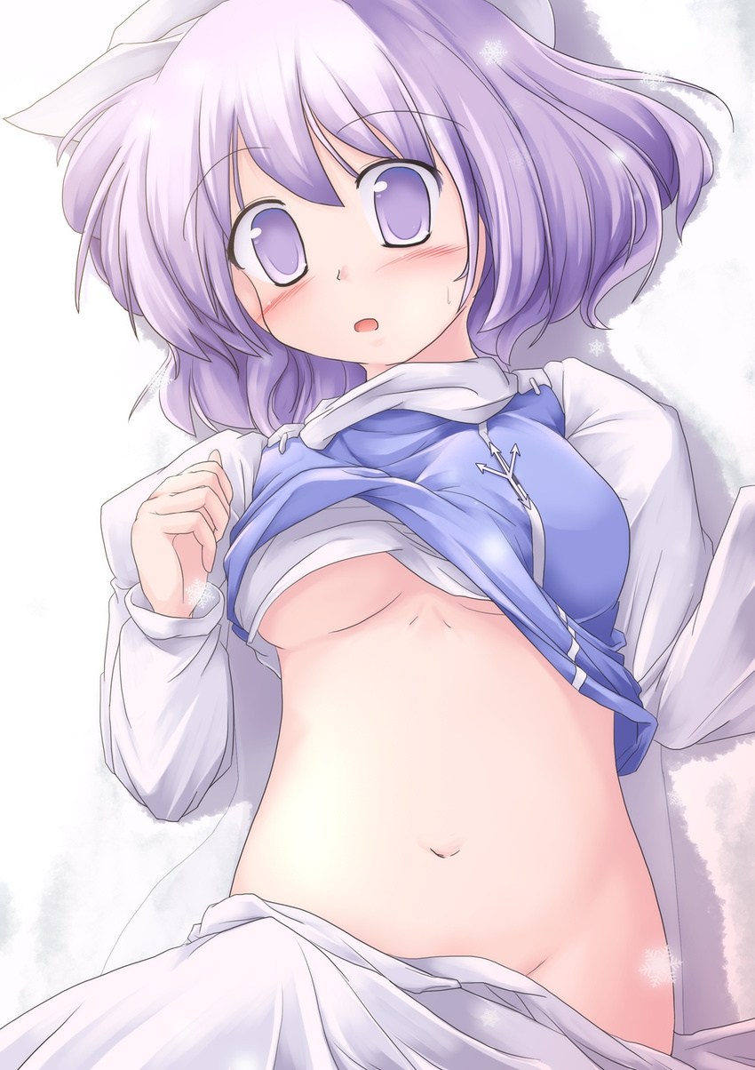 blush breasts groin hat highres lavender_hair letty_whiterock lying lzh medium_breasts midriff navel no_bra no_panties on_back purple_eyes shirt_lift short_hair snowflakes solo touhou underboob