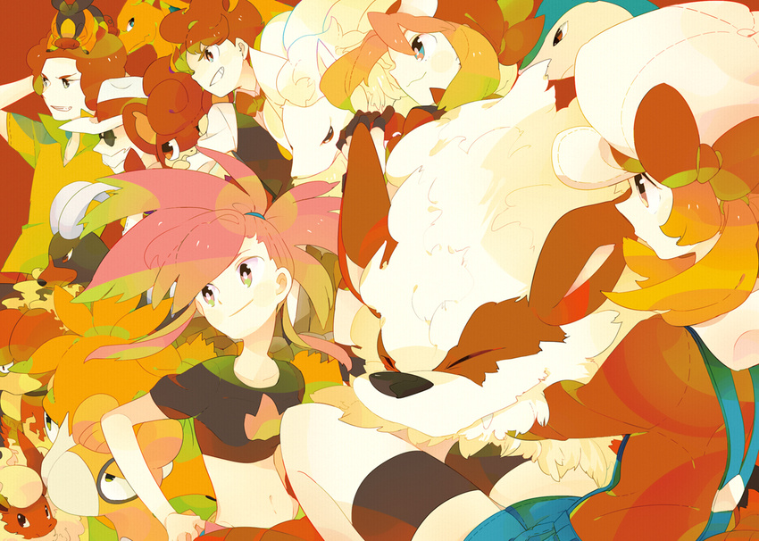 3girls :3 afro arcanine blaine_(pokemon) bow bowtie brown_hair brown_ribbon camerupt charizard chili_(pokemon) commentary_request crop_top facial_hair flannery_(pokemon) flareon flint_(pokemon) grin hagiko hat hat_ribbon houndoom lyra_(pokemon) magmar may_(pokemon) midriff multiple_girls mustache navel ninetales numel pansear photoshop_(medium) pokemon pokemon_(creature) pokemon_bw pokemon_dppt pokemon_hgss pokemon_rse ponytail red_hair ribbon smile sunglasses tepig traditional_bowtie tyranitar