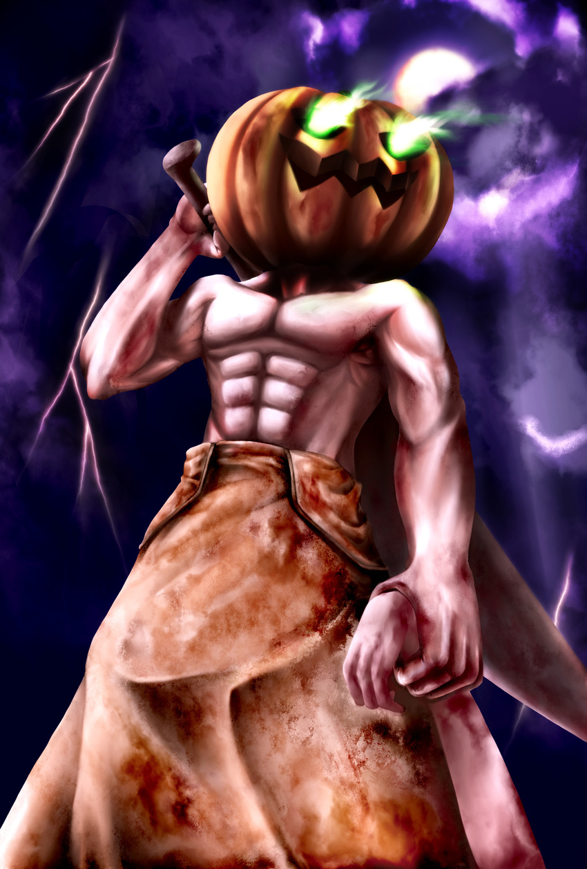 abs absurdres blood blood_stain burning_eyes butcher_knife halloween highres jack-o'-lantern lightning luke_c male_focus manly moon muscle night pumpkin pyramid_head silent_hill silent_hill_2 solo weapon