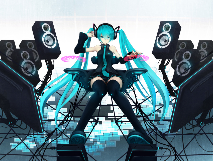 aqua_eyes aqua_hair aqua_nails bare_shoulders black_legwear boots detached_sleeves hatsune_miku headset highres holographic_interface knees_touching long_hair monitor nail_polish necktie niou_kaoru sitting skirt solo speaker thigh_boots thighhighs twintails very_long_hair vocaloid zettai_ryouiki