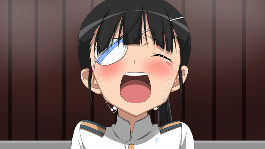 :d black_hair blush closed_eyes eyepatch military military_uniform monizumi_ishikawa open_mouth ponytail sad sakamoto_mio smile solo strike_witches tears uniform world_witches_series