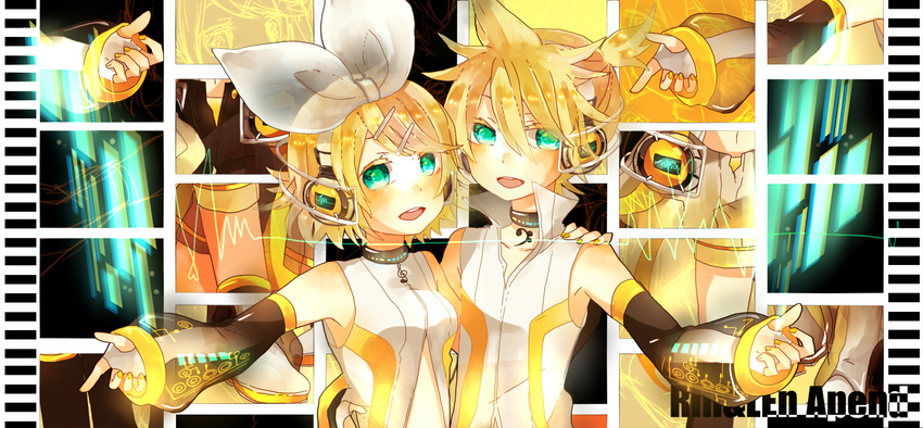 1girl aqua_eyes arm_warmers bad_id bad_pixiv_id blonde_hair brother_and_sister detached_sleeves elbow_gloves fingerless_gloves gloves hair_ornament hair_ribbon hairclip headphones kagamine_len kagamine_len_(append) kagamine_rin kagamine_rin_(append) maple_(cyakapon) popped_collar ribbon short_hair siblings smile twins vocaloid vocaloid_append