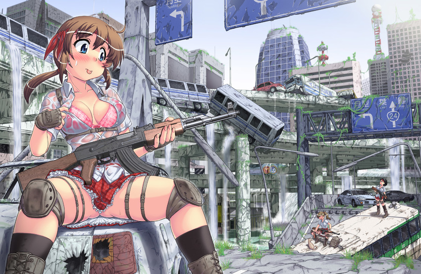 :p ak-47 assault_rifle black_hair blue_eyes blush boots bra breasts brown_hair bus car cat cleavage fingerless_gloves gloves ground_vehicle gun hase_yu knee_pads lingerie medium_breasts motor_vehicle multiple_girls original overgrown ponytail post-apocalypse rifle road_sign ruins shirt sign sitting skirt spread_legs thigh_strap tongue tongue_out train underwear weapon wet wet_clothes wet_shirt