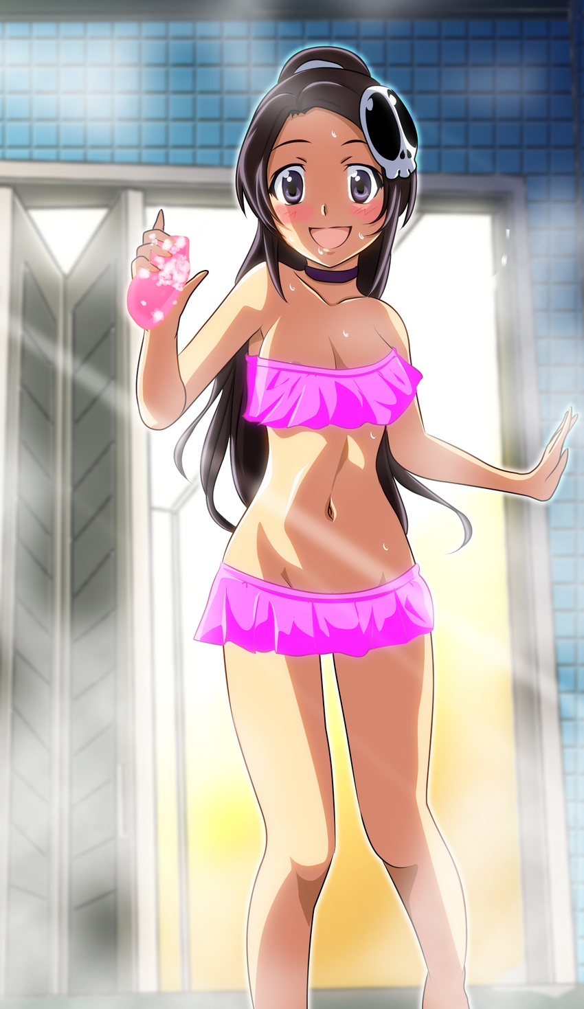 :d areola_slip areolae armpits bandeau bare_shoulders bathroom bikini bikini_skirt black_hair blurry blush breasts choker cleavage collarbone depth_of_field door elysia_de_lute_ima gentoku groin hair_ornament hair_tie hand_up happy high_ponytail highres hips indoors kami_nomi_zo_shiru_sekai long_hair long_ponytail looking_at_viewer medium_breasts navel open_door open_mouth outline outstretched_hand ponytail purple_bikini purple_eyes sidelocks skull_hair_ornament slender_waist smile soap_bubbles solo sponge standing steam strapless strapless_bikini swimsuit tile_wall tiles very_long_hair wet