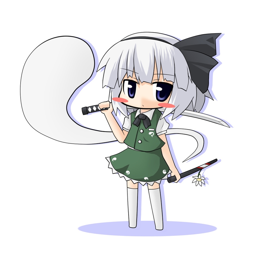 bad_id bad_pixiv_id black_hairband blue_eyes blush_stickers chibi flower ghost green_skirt hair_ribbon hairband highres katana konpaku_youmu konpaku_youmu_(ghost) ribbon scabbard sheath shinshia short_hair silver_hair skirt solo sword touhou weapon white_hair