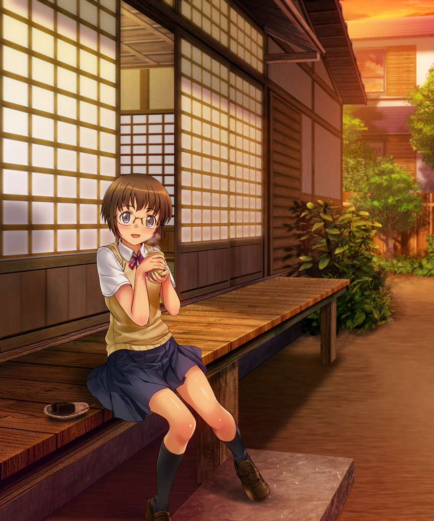 brown_hair cup evening food glasses grey_eyes highres kneehighs landscape loafers mug mutsuki_(moonknives) ore_no_imouto_ga_konna_ni_kawaii_wake_ga_nai school_uniform shoes short_hair shouji sitting skirt sliding_doors solo sweater_vest tamura_manami twilight wagashi youkan_(food)