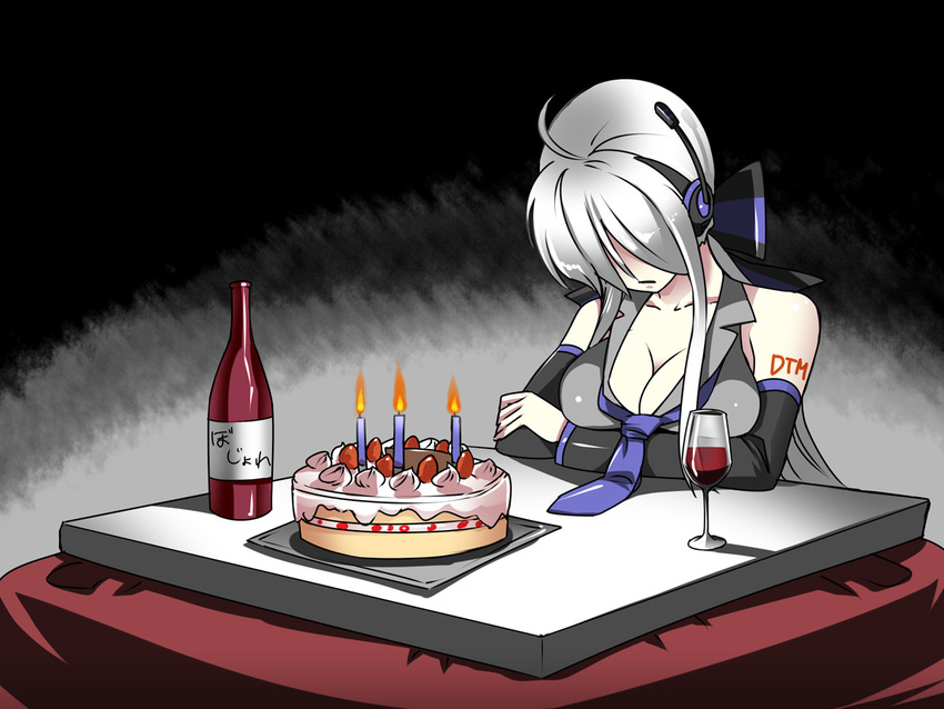 alcohol birthday birthday_cake breasts caffein cake candle cleavage cup drinking_glass food kotatsu large_breasts lonely long_hair ponytail silver_hair solo table vocaloid voyakiloid wine wine_glass yowane_haku