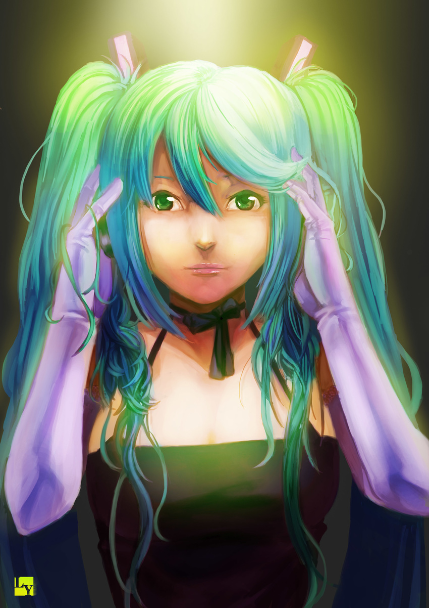 absurdres aqua_eyes aqua_hair bad_id bad_pixiv_id dress elbow_gloves gloves hair_ribbon hatsune_miku highres long_hair nanaya_(daaijianglin) ribbon solo twintails vocaloid