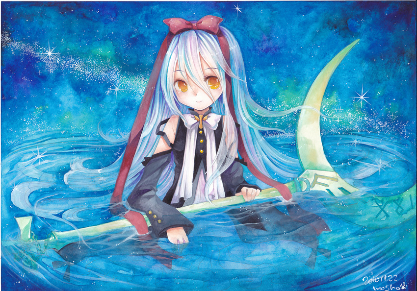 2010 bow dated detached_sleeves hair_bow hair_ornament hair_ribbon highres hoshizora_no_memoria long_hair mare_s_ephemeral mosho night night_sky orange_eyes partially_submerged ribbon scythe signature sitting sky smile solo traditional_media water watercolor_(medium) white_hair