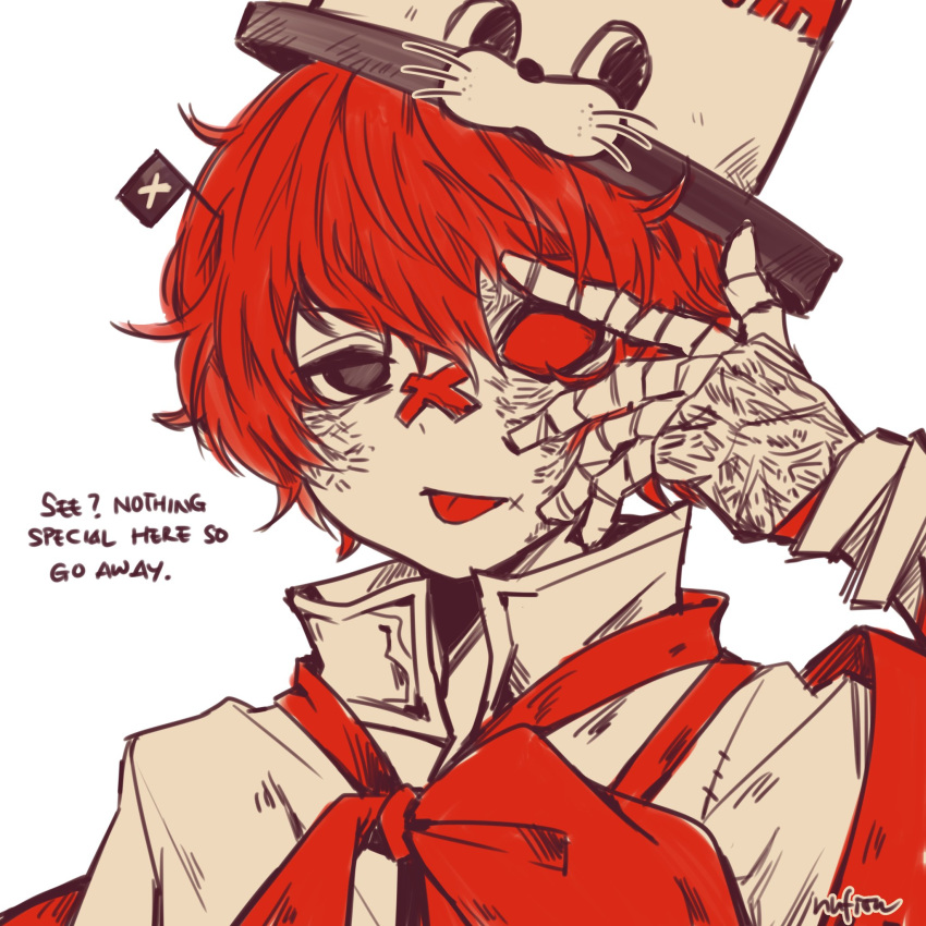 1boy black_eyes coat english_text fukase hat highres looking_at_viewer male_focus mini_flag mismatched_sclera nufisu red_hair simple_background solo tongue tongue_out top_hat vocaloid white_background white_coat