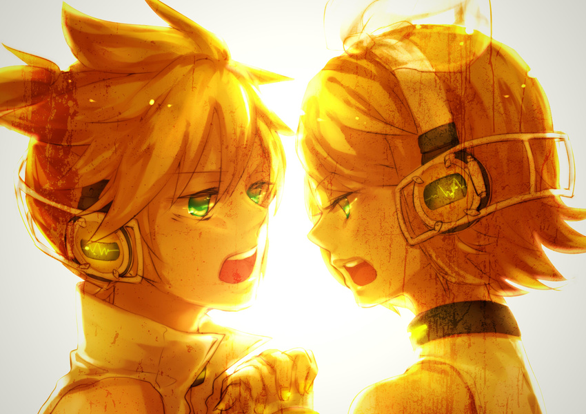 1girl bad_id bad_pixiv_id blonde_hair brother_and_sister face green_eyes hair_ribbon headphones highres kagamine_len kagamine_len_(append) kagamine_rin kagamine_rin_(append) music ohagi_(ymnky) open_mouth ribbon short_hair siblings singing twins vocaloid vocaloid_append