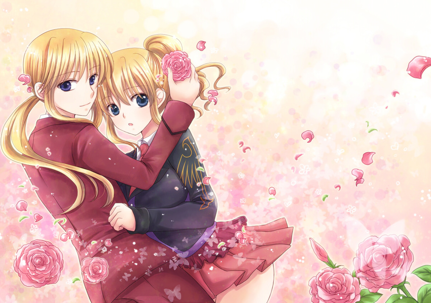 1girl blonde_hair blue_eyes flower hug maekawa_suu ponytail siblings skirt umineko_no_naku_koro_ni ushiromiya_jessica ushiromiya_lion