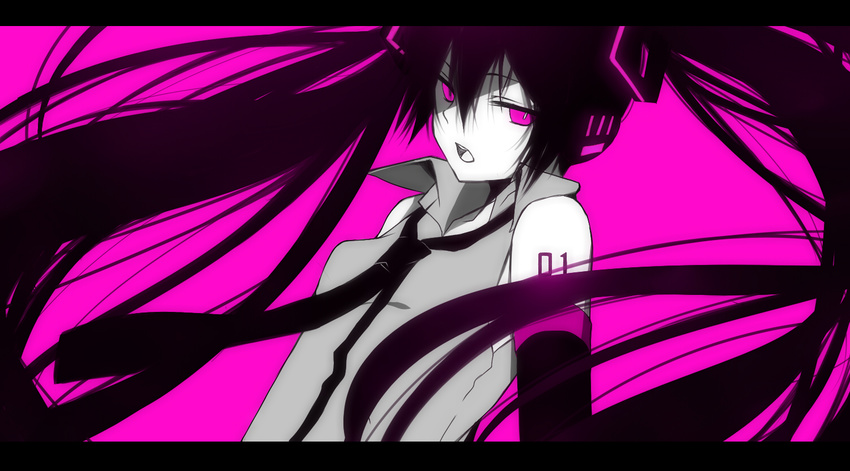 black_hair hatsune_miku long_hair purple_eyes shirotaka_(5choume) simple_background solo twintails vocaloid