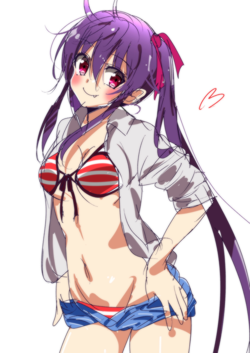 1girl absurdres ahoge bikini black_ribbon blue_shorts blush breasts cleavage cowboy_shot ebisuzawa_kurumi eyebrows_visible_through_hair fang_out front-tie_bikini front-tie_top gakkou_gurashi! groin hair_between_eyes hair_ribbon highres long_hair looking_at_viewer medium_breasts navel open_clothes open_shorts pulled_by_self purple_hair red_bikini red_eyes red_ribbon ribbon short_shorts shorts shorts_pull simple_background sinakyo sketch smile solo standing striped striped_bikini swimsuit twintails underboob very_long_hair white_background