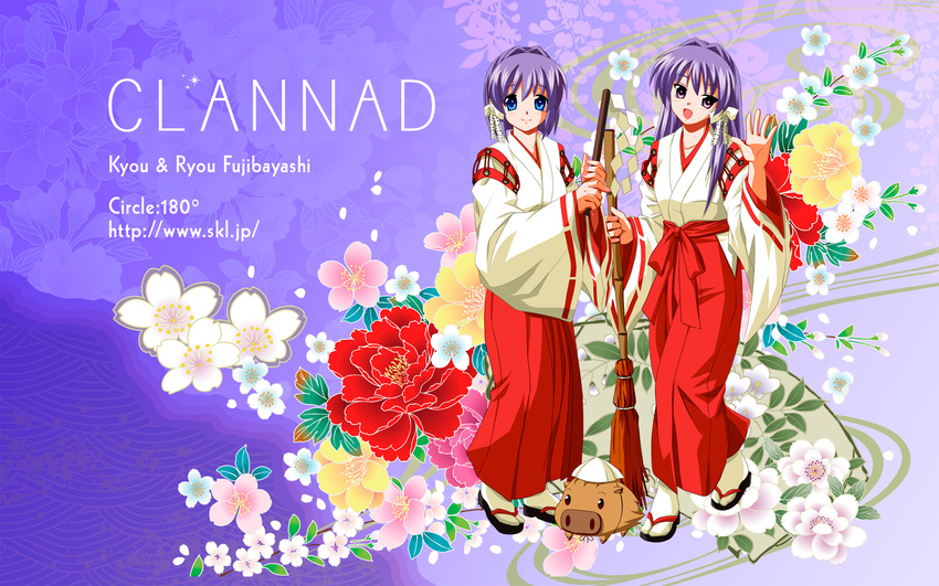 bad_id bad_pixiv_id blue_eyes botan_(clannad) cherry_blossoms clannad flower fujibayashi_kyou fujibayashi_ryou highres japanese_clothes long_hair miko multiple_girls naka_noboru peony_(flower) purple_eyes purple_hair short_hair siblings sisters twins wallpaper