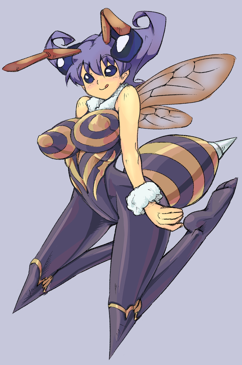 :q antennae bee_girl blue_eyes breasts coso-ri covered_navel covered_nipples extra_ears highres insect_girl insect_wings large_breasts leotard pantyhose purple_hair q-bee short_hair simple_background solo spikes tongue tongue_out vampire_(game) wings wrist_cuffs
