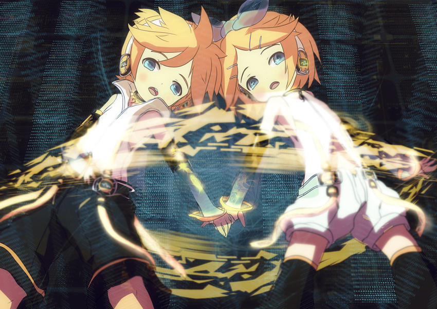 1girl aqua_eyes blonde_hair brother_and_sister detached_sleeves hair_ornament hair_ribbon hairclip headphones itaru kagamine_len kagamine_len_(append) kagamine_rin kagamine_rin_(append) ribbon short_hair siblings twins vocaloid vocaloid_append