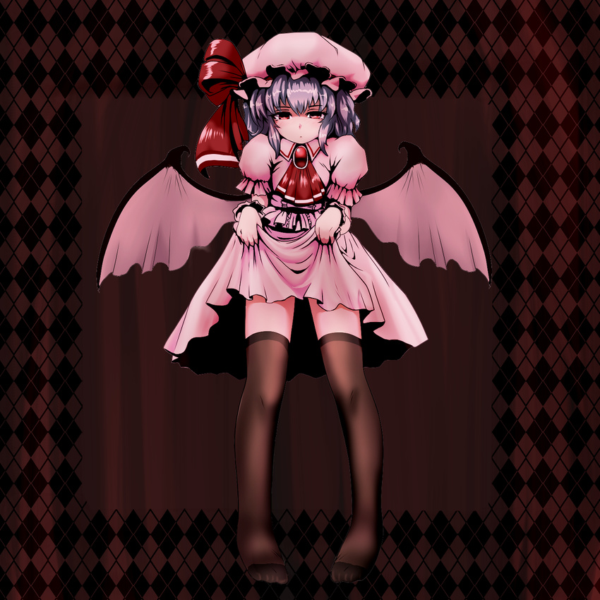 bat_wings dress hat highres image_sample ishikkoro lavender_hair legs lift md5_mismatch pixiv_sample red_eyes remilia_scarlet short_hair solo thighhighs touhou wings