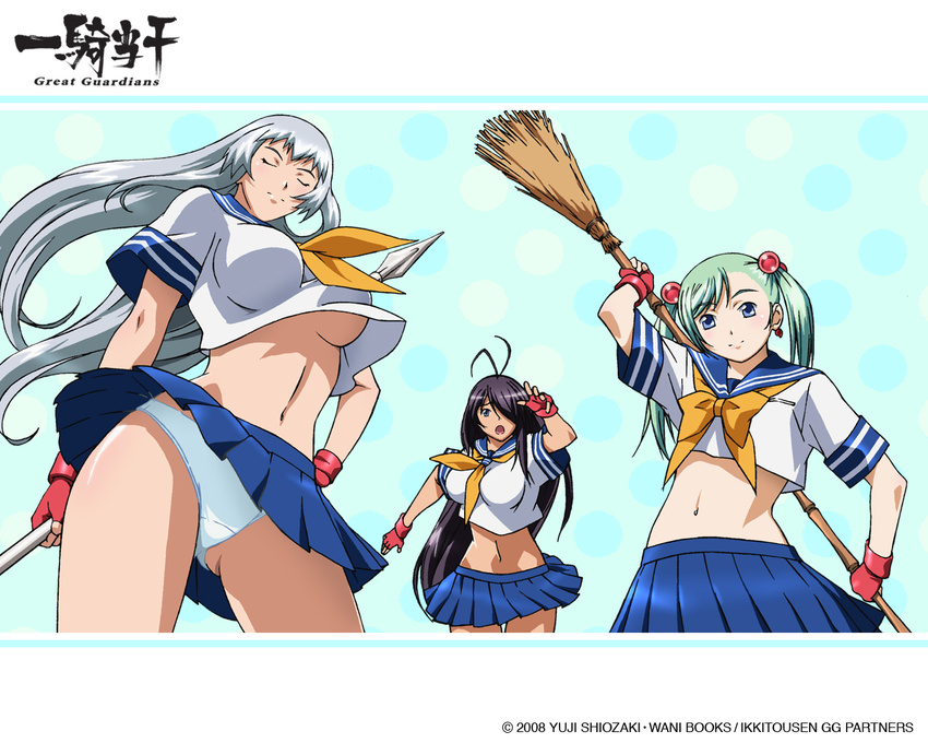 3girls blue_eyes breasts broom chouun_shiryuu cosplay earrings eyes_closed flat_chest gloves green_hair grey_hair ikkitousen jewelry kan'u_unchou kan'u_unchou_(cosplay) kanu_unchou large_breasts long_hair looking_at_viewer multiple_girls navel no_bra panties purple_hair school_uniform shokatsuryou_koumei skirt skirt_lift smile standing twintails underwear wallpaper weapon white_panties