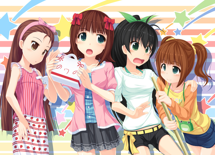 amami_haruka black_hair box brown_eyes brown_hair ganaha_hibiki green_eyes highres idolmaster idolmaster_(classic) kageira long_hair minase_iori multiple_girls nonowa ponytail short_hair takatsuki_yayoi twintails