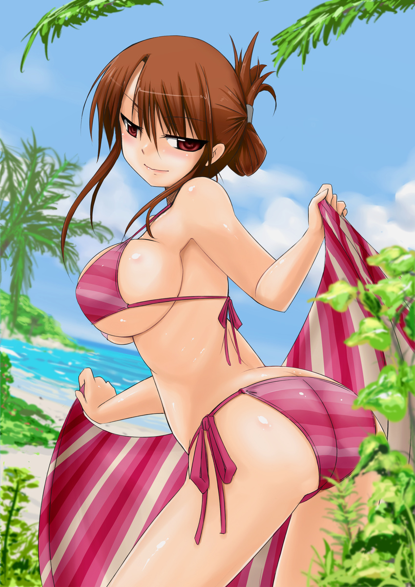 absurdres ass bikini breasts brown_hair cleavage day highres huge_breasts legs md5_mismatch original red_eyes sarong sarong_removed side-tie_bikini sideboob solo striped striped_bikini striped_sarong swimsuit thighs tokihama_jirou