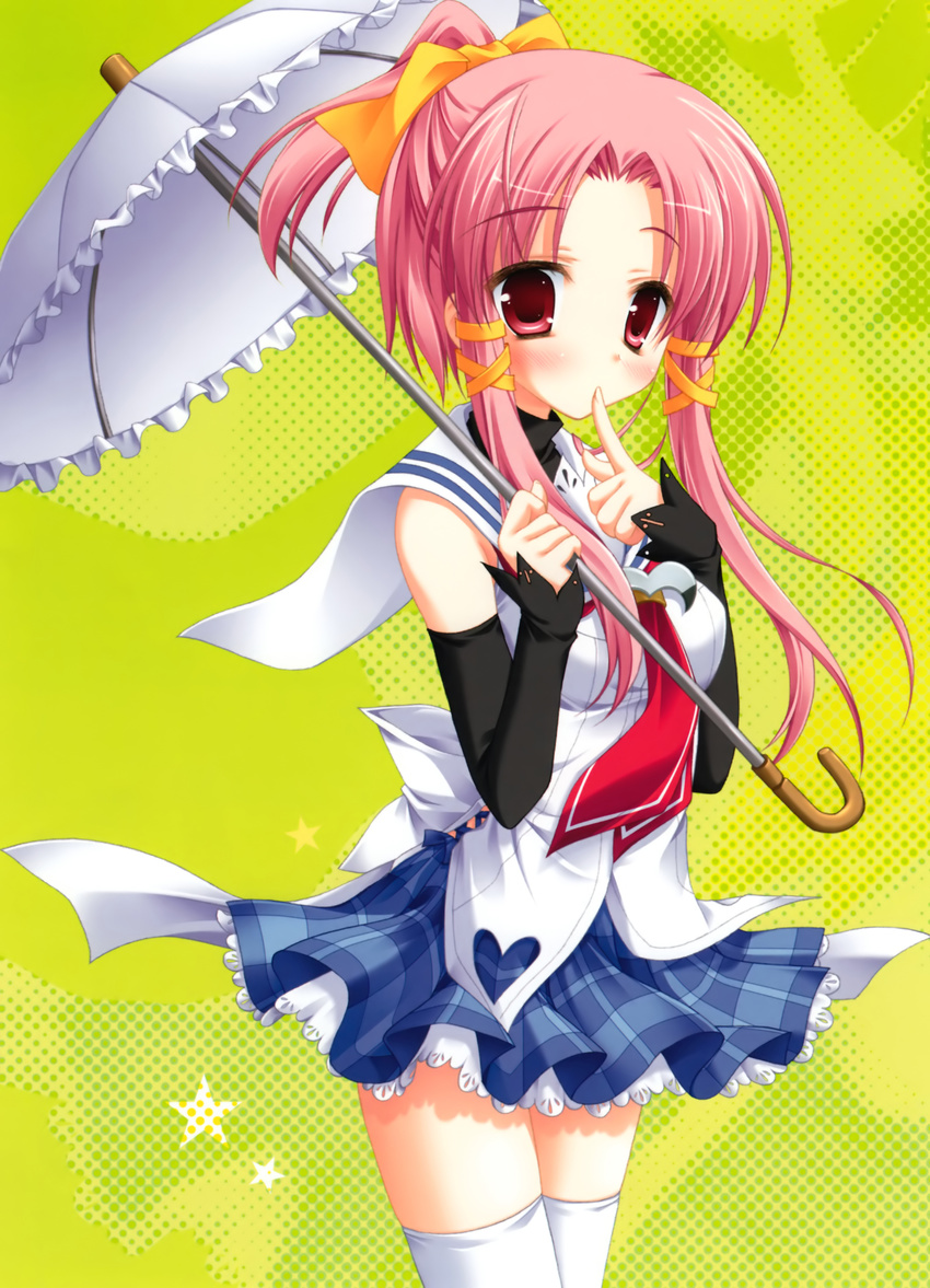 absurdres blush detached_sleeves frills highres long_hair moribe_(rabumanyo) natsu_yume_nagisa pink_hair ribbon school_uniform serafuku skirt solo thighhighs toono_haruka umbrella