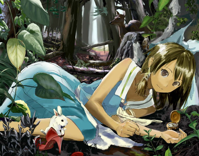 alice_(wonderland) alice_in_wonderland bad_id bad_pixiv_id bow brown_eyes brown_hair deer dress forest hair_bow lying nature on_side pocket_watch shoes short_hair shuku smile solo watch white_rabbit