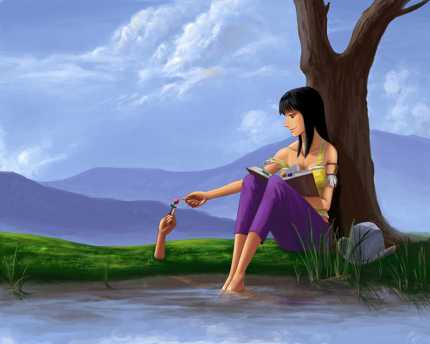 artist_request barefoot black_hair book breasts cleavage flower grass hat medium_breasts nature nico_robin one_piece pond solo strap_slip