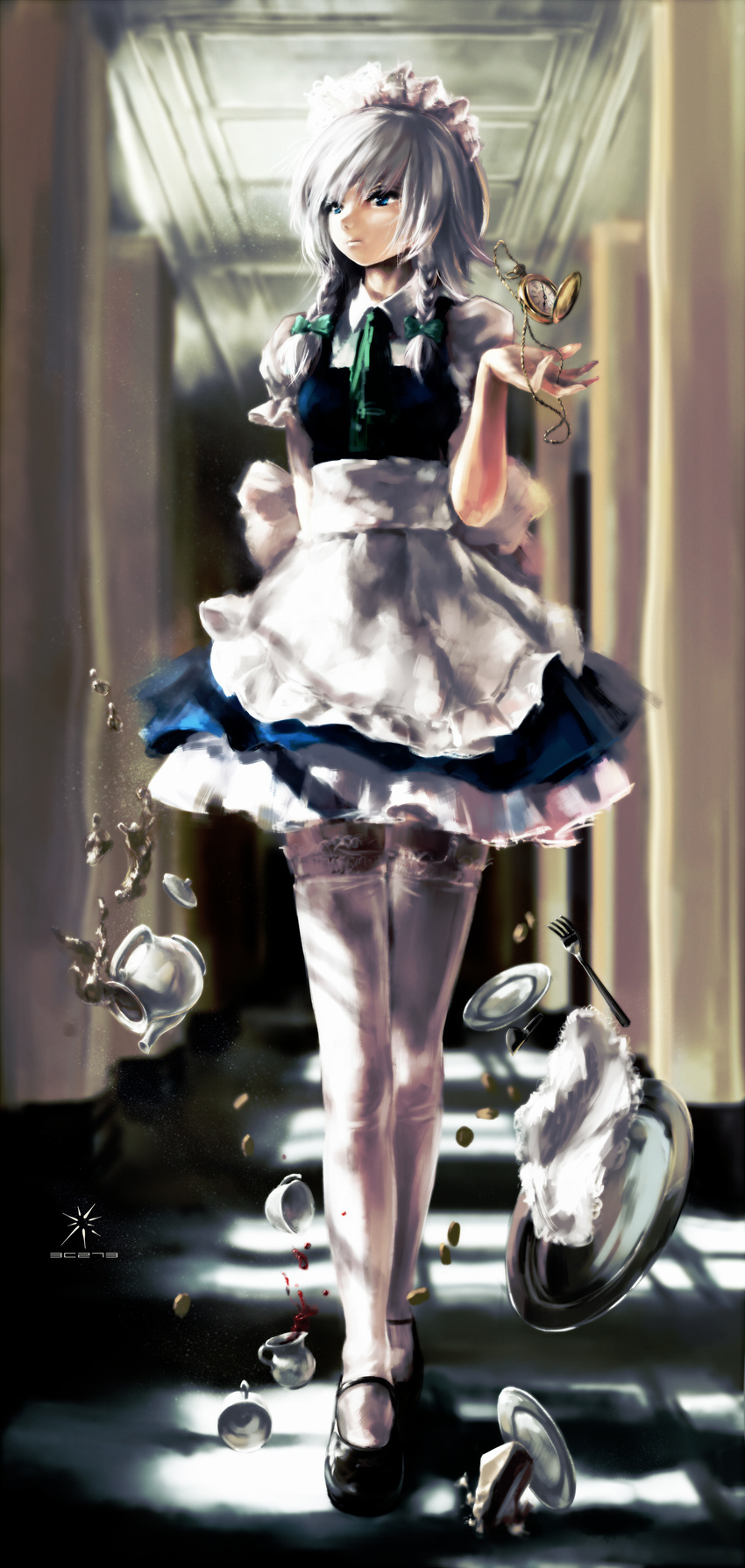 absurdres arms_behind_back blue_eyes braid cake falling faux_traditional_media food fork hallway highres izayoi_sakuya jq lace lace-trimmed_thighhighs looking_away maid pastry pocket_watch silver_hair solo spill sunlight tea tea_set thighhighs touhou tray twin_braids walking watch white_legwear zettai_ryouiki