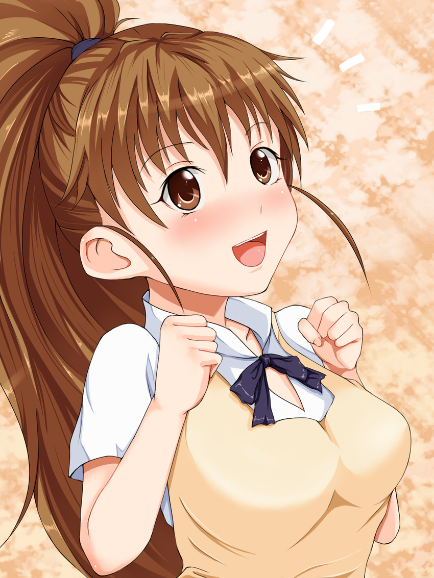 :d bad_id bad_pixiv_id blush brown_eyes brown_hair clenched_hand happy highres long_hair open_mouth ponytail smile solo tachibana_omina taneshima_popura upper_body working!!