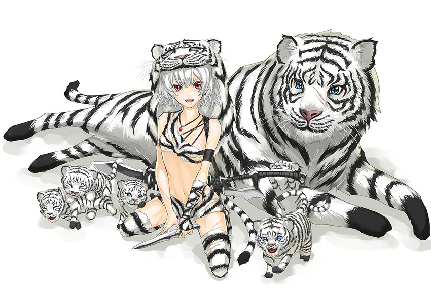 bad_id bad_pixiv_id cub dagger kneeling kurogin original red_eyes scar short_hair solo sword tail thighhighs tiger weapon white_hair white_tiger