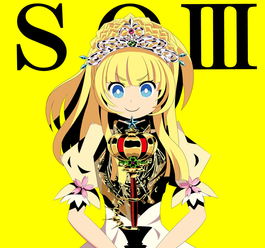 armor armored_dress blonde_hair blue_eyes braid highres mochida_(kokomo) princess_(sekaiju) scepter sekaiju_no_meikyuu sekaiju_no_meikyuu_3 tiara weapon yellow_background