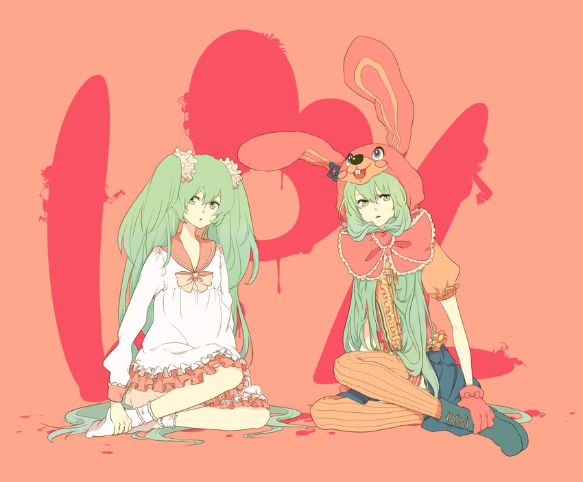 animal_ears animal_hat aqua_eyes aqua_hair bad_id bad_pixiv_id bonnet bunny_ears clone gloves hat hatsune_miku highres long_hair lots_of_laugh_(vocaloid) marui_happa multiple_girls sitting skirt thighhighs twintails very_long_hair vocaloid