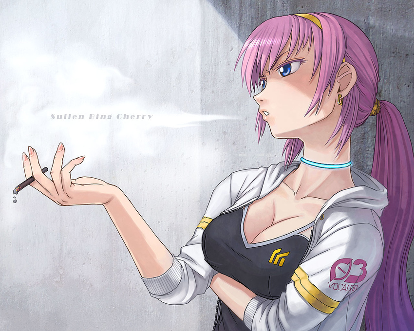 alternate_hairstyle blue_eyes breasts choker cigarette cleavage earrings hairband hood hoodie itou_(onsoku_tassha) jewelry large_breasts long_hair megurine_luka pink_hair ponytail sleeves_pushed_up smoke smoking solo vocaloid wallpaper