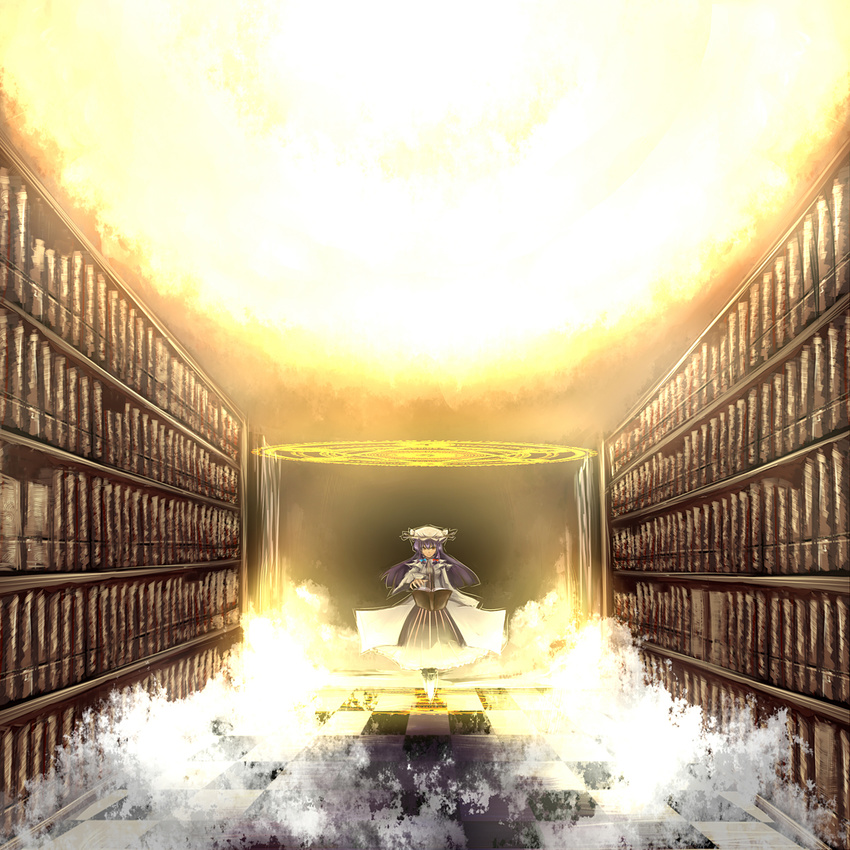 bad_id bad_pixiv_id book bookshelf checkered checkered_floor hair_ribbon hat highres library long_hair magic magic_circle patchouli_knowledge purple_hair ribbon royal_flare solo sun touhou tsuizi vanishing_point voile