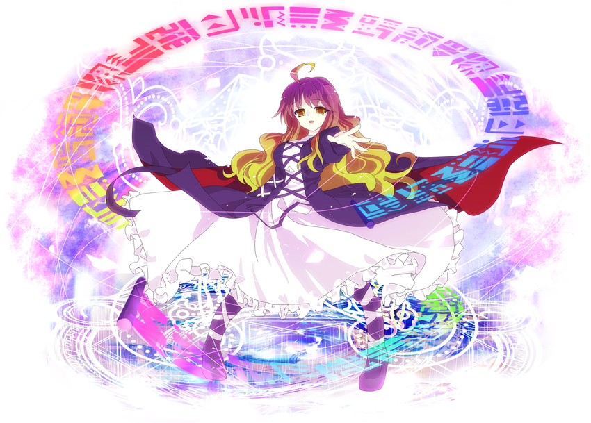 ahoge asyura7 bad_id bad_pixiv_id cape dress foreshortening gradient_hair highres hijiri_byakuren long_hair magic_circle multicolored_hair outstretched_arm outstretched_hand scroll solo sorcerer's_sutra_scroll touhou